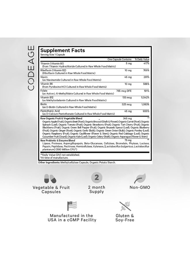 Codeage Raw Vitamin B-Complex Supplement - Essential B Vitamins with Probiotics, Digestive Enzymes, Fruits & Vegetables - 2-Month Supply - Methylfolate - Biotin - Vitamin B12 - Non-GMO - 60 Capsules - Image 2