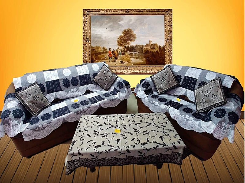 Fab Nation Net Polyester Blend Floral Geometric 14 Sofa with 5 Cushion Covers and 1 Table Cover Panels Set of 5 Seater Large White Grey Black