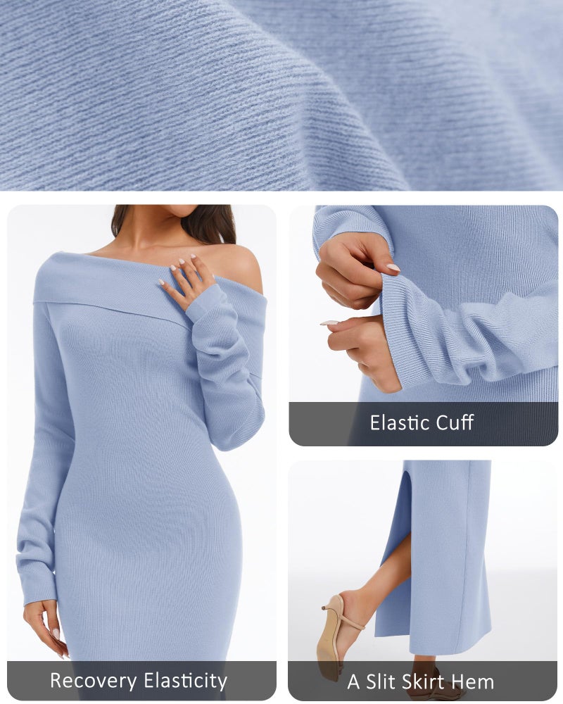 Simlakey Women's Off Shoulder Bodycon Sweater Dress Long Sleeve Fall Maxi Dress Elegant Cocktail Party Long Dresses(Blue,Medium) - Image 5