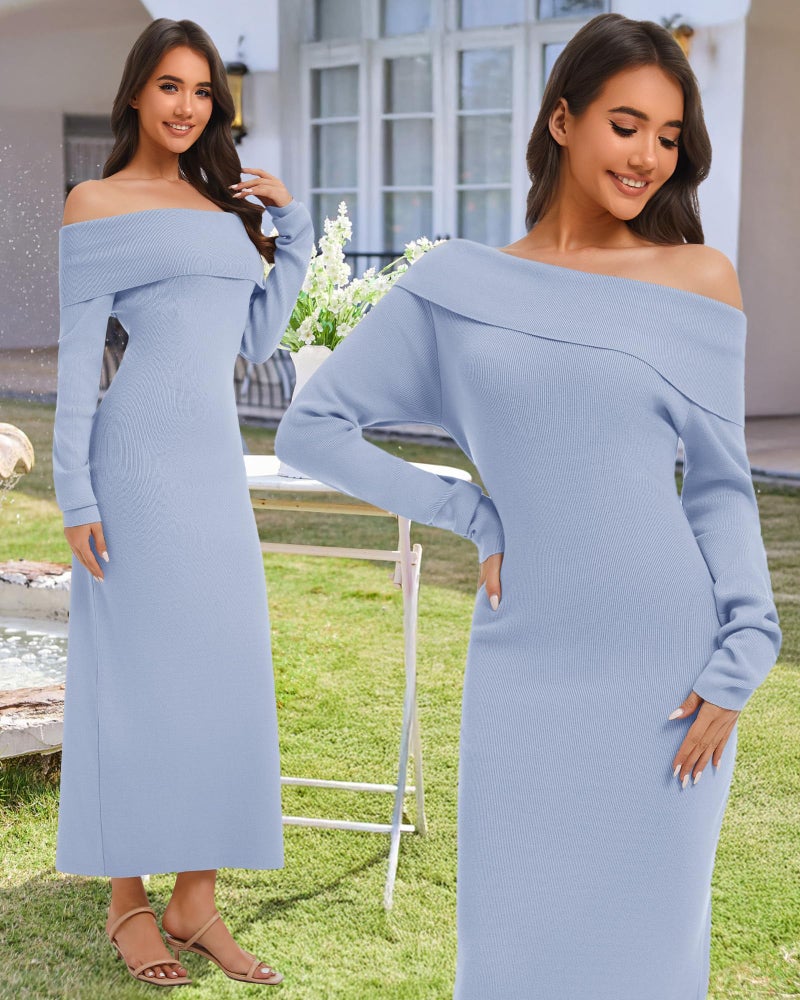 Simlakey Women's Off Shoulder Bodycon Sweater Dress Long Sleeve Fall Maxi Dress Elegant Cocktail Party Long Dresses(Blue,Medium) - Image 2