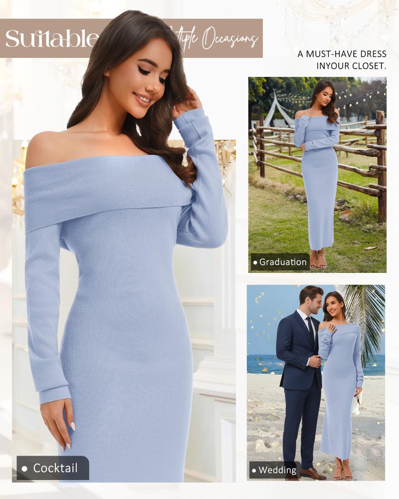 Simlakey Women's Off Shoulder Bodycon Sweater Dress Long Sleeve Fall Maxi Dress Elegant Cocktail Party Long Dresses(Blue,Medium) - Image 4