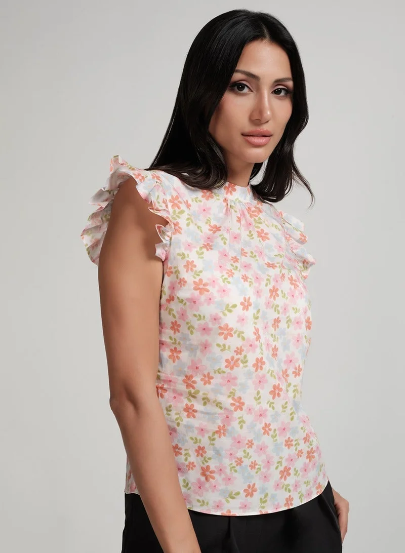 Zigzag Sleeve Detailed High Neck Printed Top