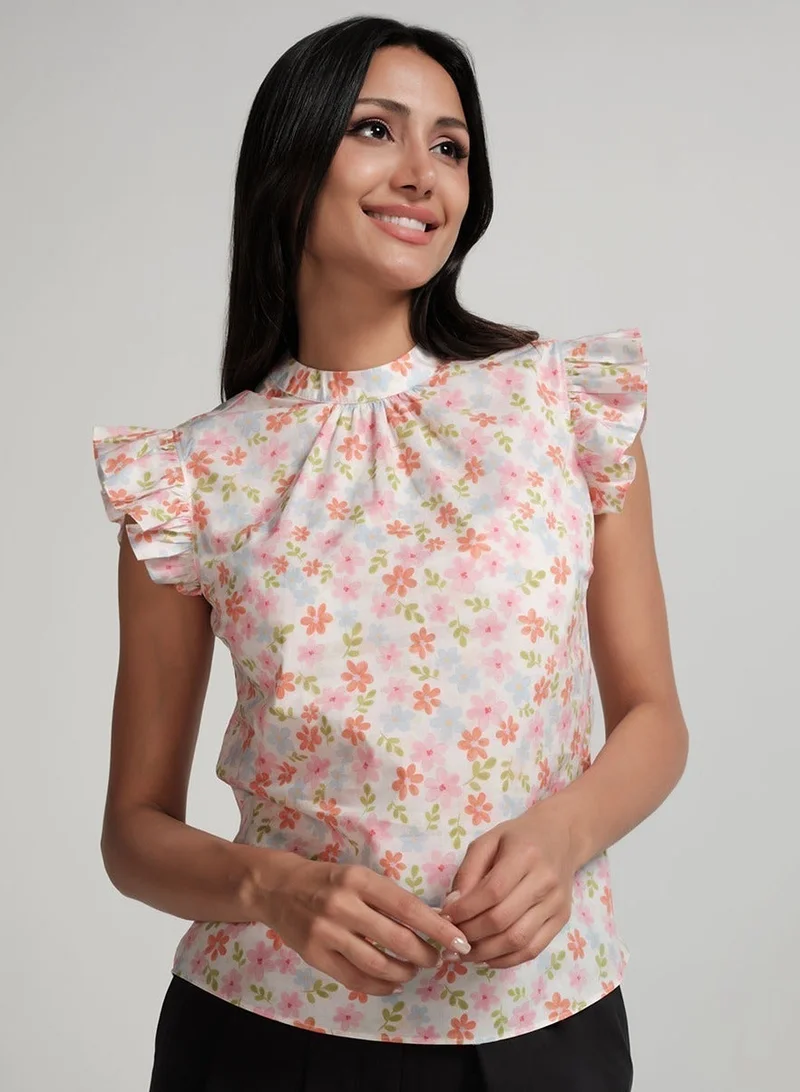 Zigzag Sleeve Detailed High Neck Printed Top