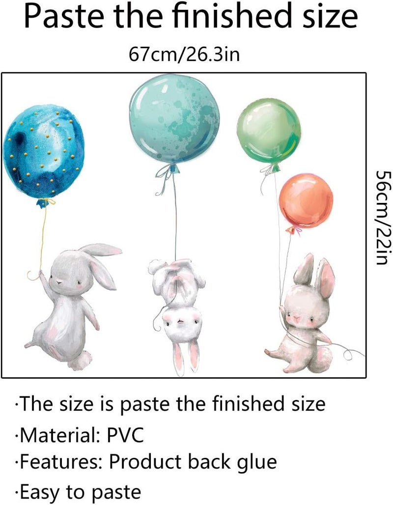 LASZOLA Creative Kids Wall Stickers Watercolor Nursery Wall Decals, Removable Peel and Stick Cartoon Animal Neutral Vinyl Wall Decoration for Baby Boy Girl Bedroom - Balloon and Bunny - Image 3