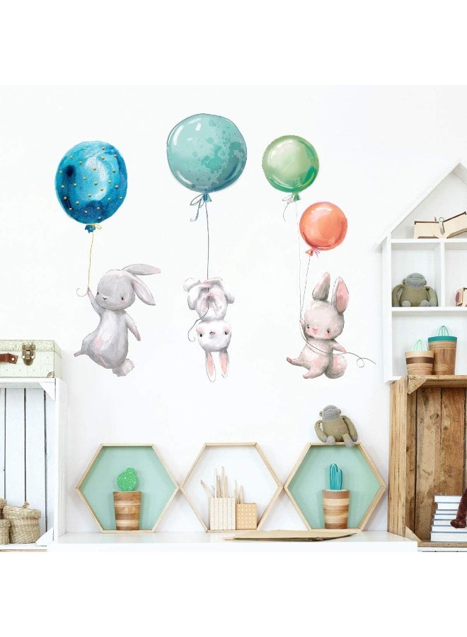 LASZOLA Creative Kids Wall Stickers Watercolor Nursery Wall Decals, Removable Peel and Stick Cartoon Animal Neutral Vinyl Wall Decoration for Baby Boy Girl Bedroom - Balloon and Bunny - Image 1