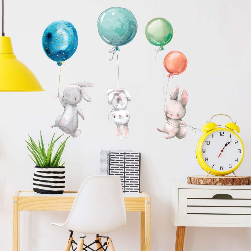 LASZOLA Creative Kids Wall Stickers Watercolor Nursery Wall Decals, Removable Peel and Stick Cartoon Animal Neutral Vinyl Wall Decoration for Baby Boy Girl Bedroom - Balloon and Bunny - Image 5