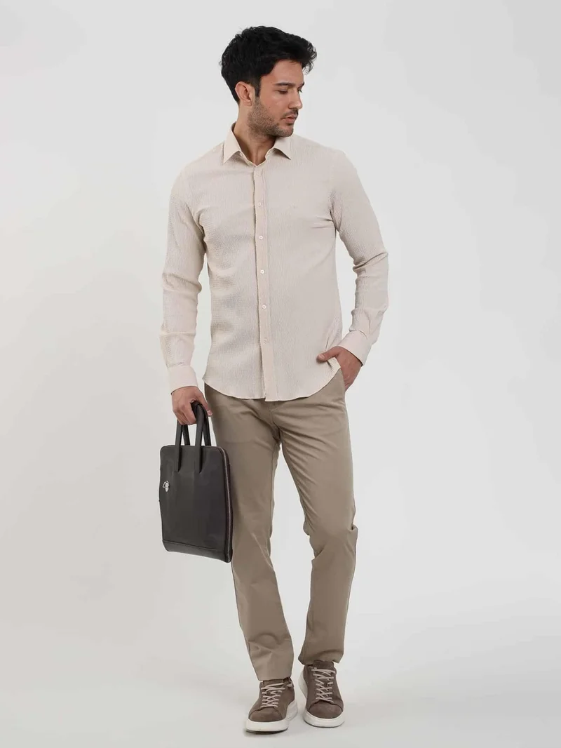 دوفي Beige Men's Slim Fit Seersucker Patterned Brent Collar Long Sleeve Shirt - 104810