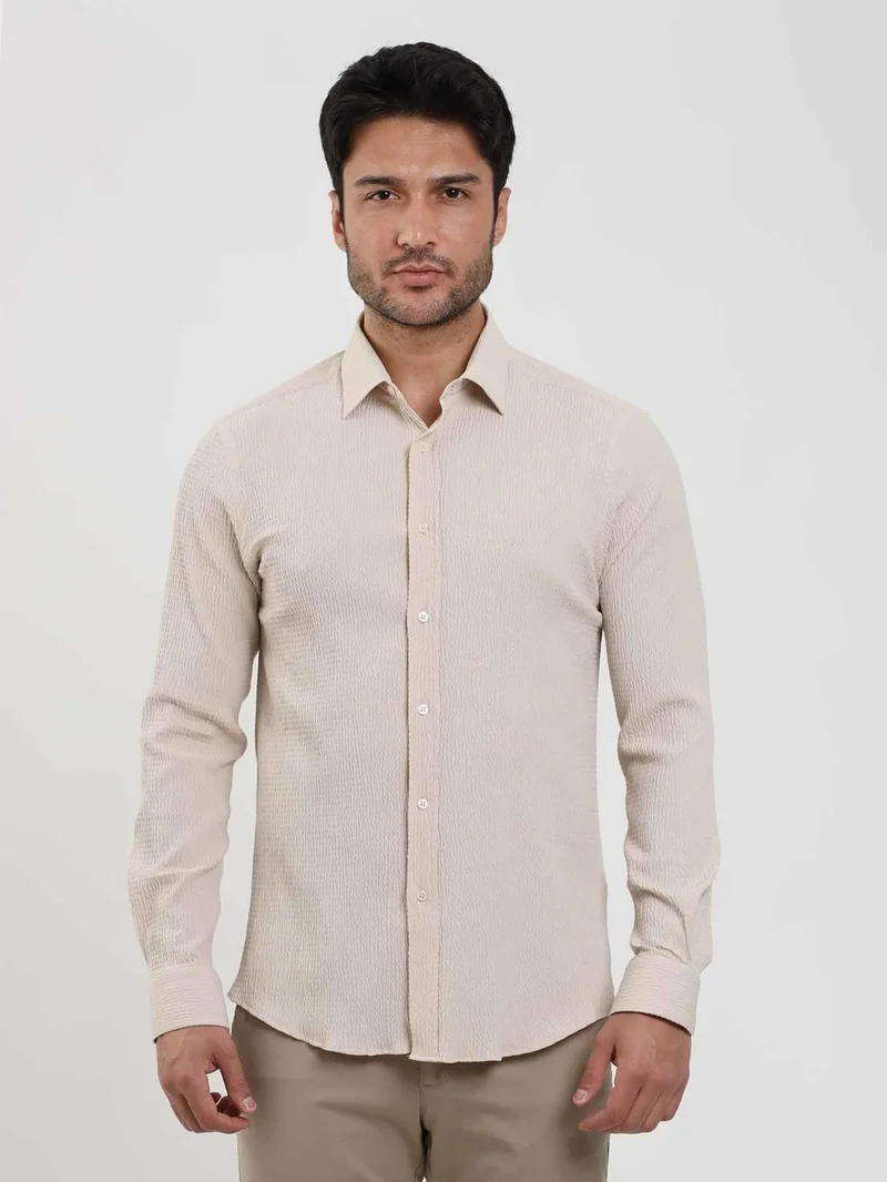 دوفي Beige Men's Slim Fit Seersucker Patterned Brent Collar Long Sleeve Shirt - 104810