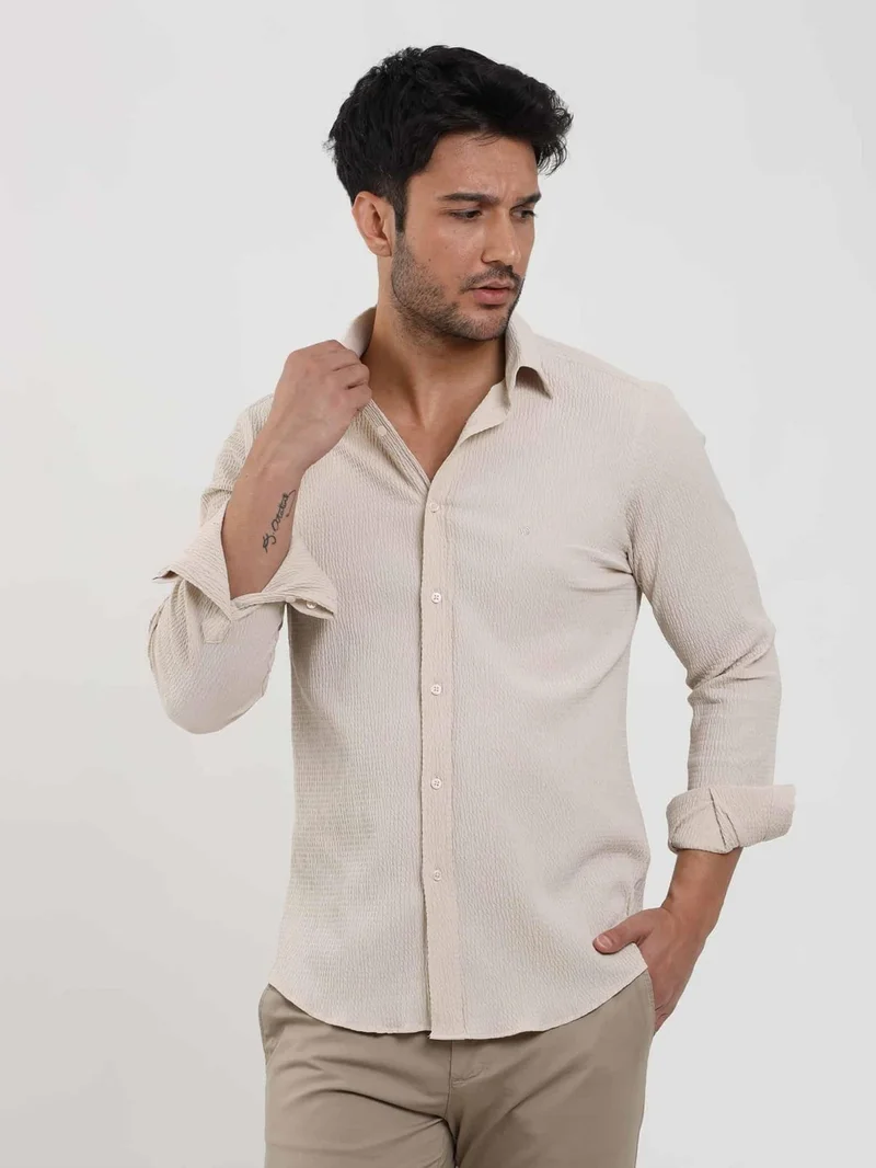 دوفي Beige Men's Slim Fit Seersucker Patterned Brent Collar Long Sleeve Shirt - 104810