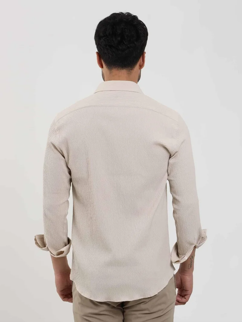 دوفي Beige Men's Slim Fit Seersucker Patterned Brent Collar Long Sleeve Shirt - 104810