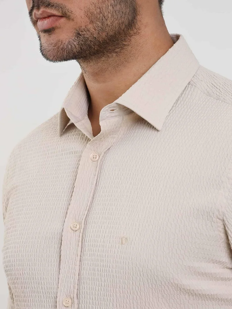 دوفي Beige Men's Slim Fit Seersucker Patterned Brent Collar Long Sleeve Shirt - 104810