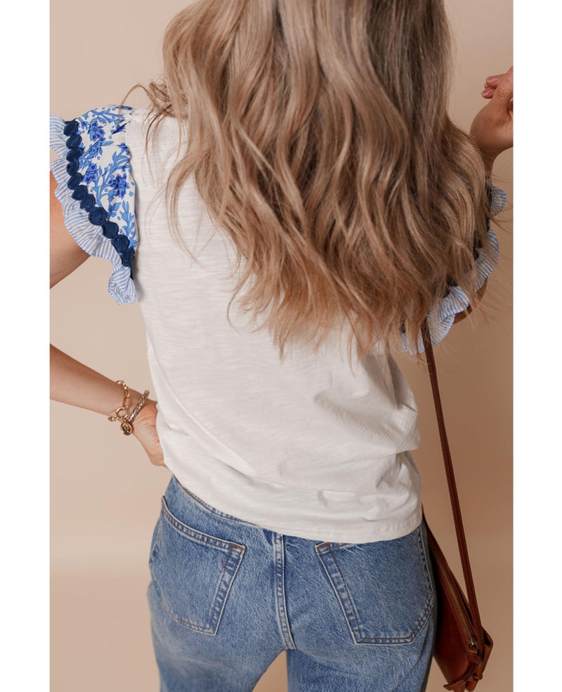 SELINK Womens Summer Ruffle Short Sleeve Top Crewneck T Shirts Floral Trim Casual Blouses Blue-L - Image 2