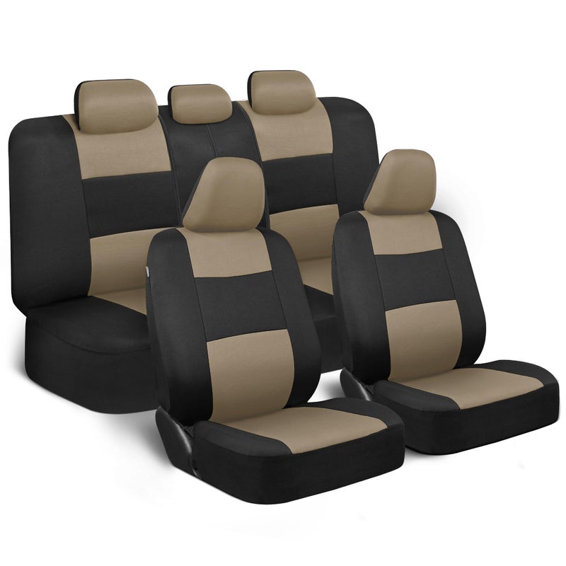BDK PolyPro Seat Covers Full Set in Beige on Black  Front and Rear Split Bench Seat Covers for Cars Easy to Install  Car Accessories for Auto Trucks Van SUV