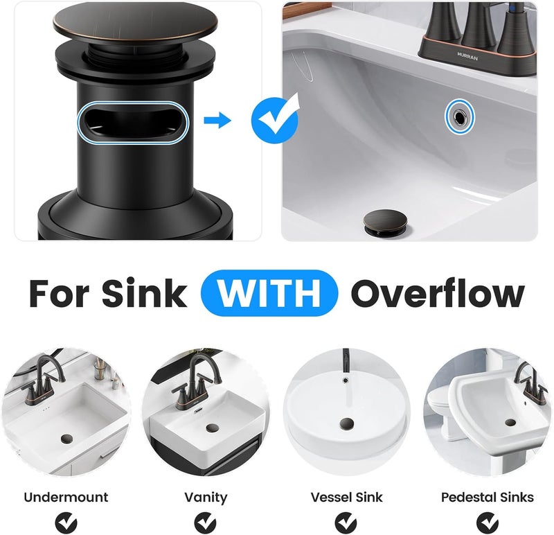 Hurran Bathroom Sink Drain with Overflow, Universal Bathroom Sink Stopper for Bathroom Vanity Vessel Sink, Plastic Pop-up Sink Drain with Hair Catcher Anti-Clog Strainer, Oil Rubbed Bronze - Image 2