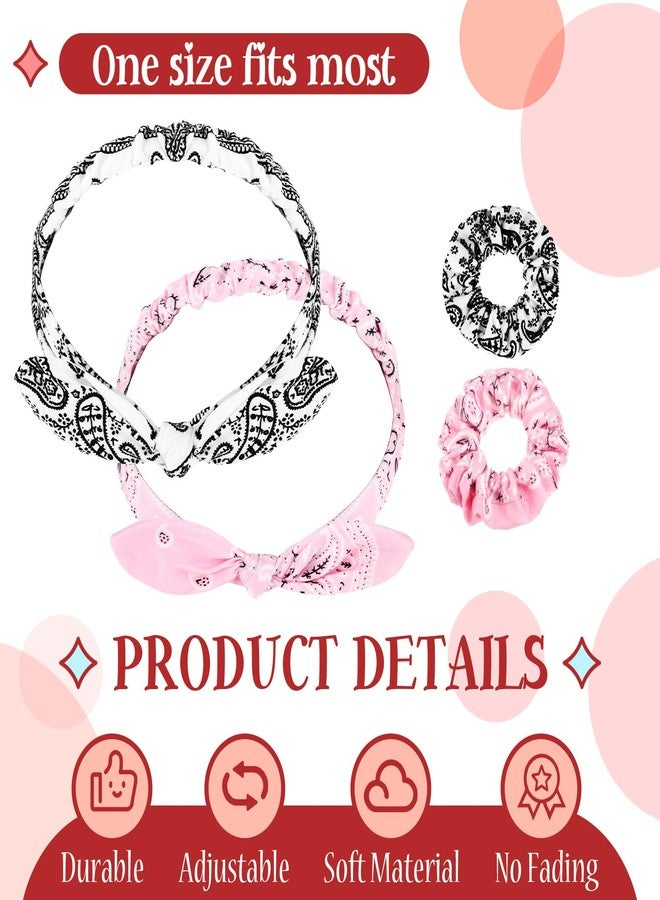 Hoteam 2 Set Bandana Headband and Scrunchies for Women and Girls, Elastic Paisley Headbands Paisley Bandana Hair Tie Knot Retro Adjustable Headwrap(White,Pink) - Image 2