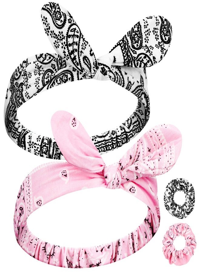 Hoteam 2 Set Bandana Headband and Scrunchies for Women and Girls, Elastic Paisley Headbands Paisley Bandana Hair Tie Knot Retro Adjustable Headwrap(White,Pink) - Image 1