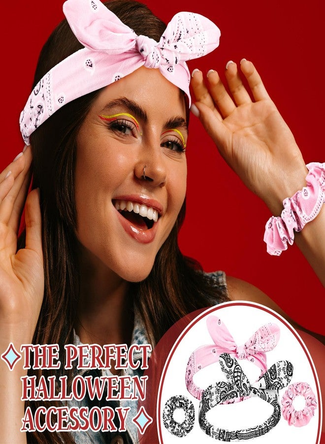Hoteam 2 Set Bandana Headband and Scrunchies for Women and Girls, Elastic Paisley Headbands Paisley Bandana Hair Tie Knot Retro Adjustable Headwrap(White,Pink) - Image 5