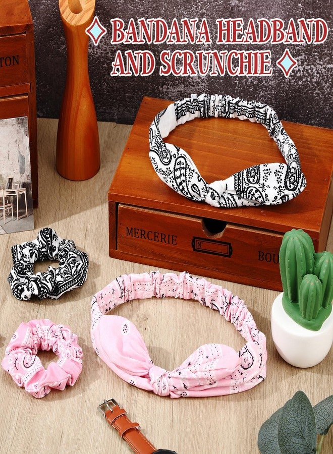 Hoteam 2 Set Bandana Headband and Scrunchies for Women and Girls, Elastic Paisley Headbands Paisley Bandana Hair Tie Knot Retro Adjustable Headwrap(White,Pink) - Image 4