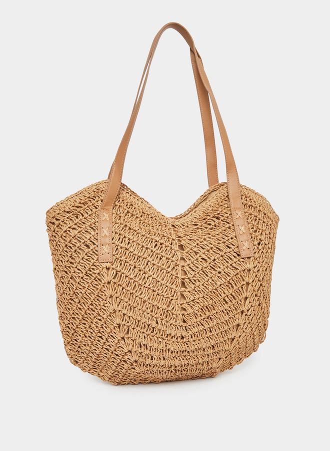 Styli Braided Straw Beach Shoulder Bag with Zip Closure - Image 1