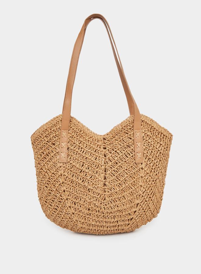 Styli Braided Straw Beach Shoulder Bag with Zip Closure - Image 2