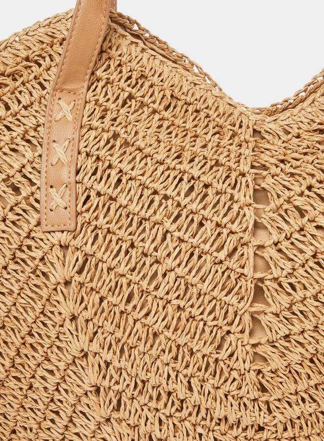 Styli Styli Braided Straw Beach Shoulder Bag with Zip Closure