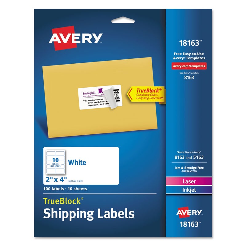 Avery 18163 Shipping Labels with TrueBlock Technology, Inkjet, 2 x 4, White, 100/Pack - Image 1