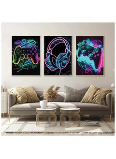 3Pcs Cool Gaming Wall Art Retro Video Game watercolor Posters Pictures Colorful Neon Gamepad Canvas Painting Prints for Boys Room Kids Game Room Accessories Bedroom Home Decoration Framed (Colorful