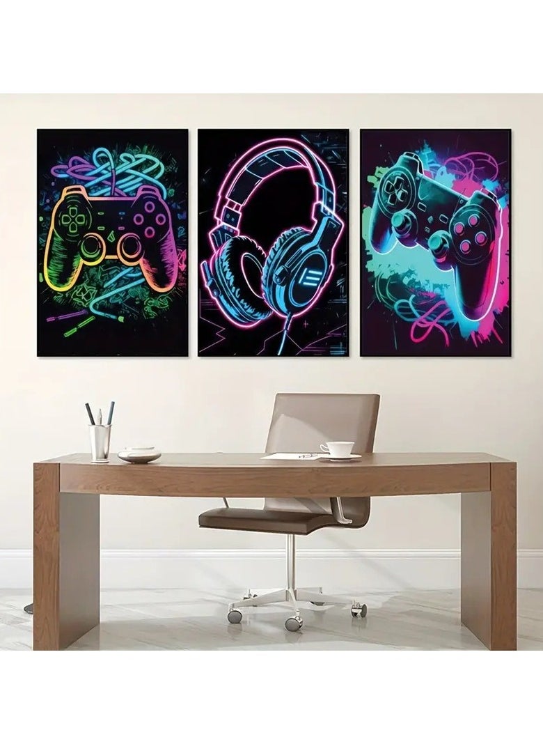 Generic - 3Pcs Cool Gaming Wall Art Retro Video Game watercolor Posters Pictures Colorful Neon Gamepad Canvas Painting Prints for Boys Room Kids Game Room Accessories Bedroom Home Decoration Framed (Colorful - Image 1