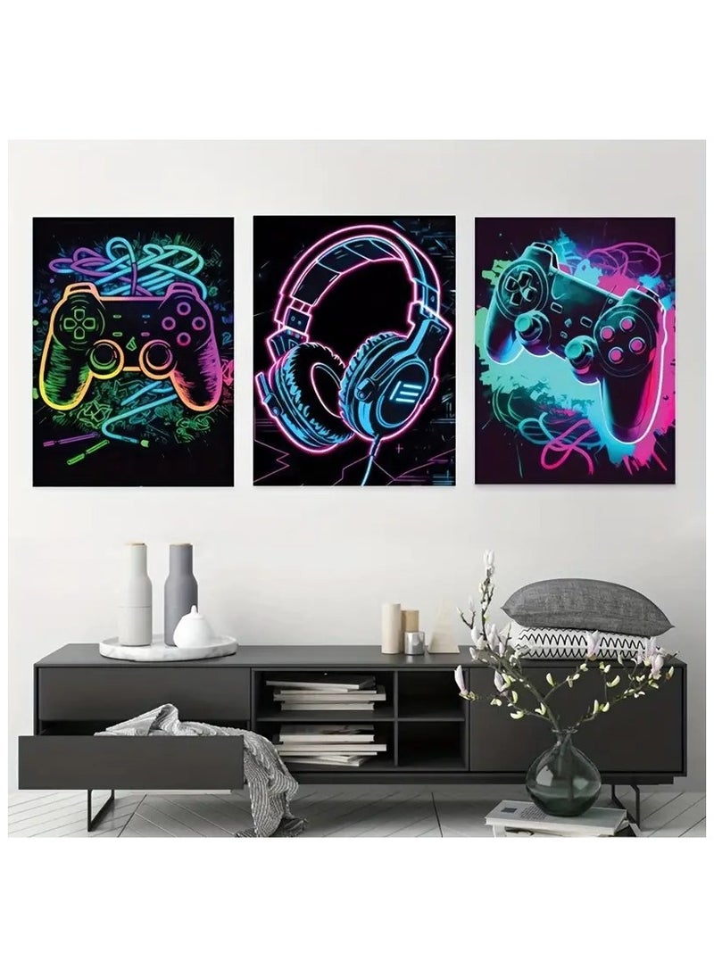 Generic - 3Pcs Cool Gaming Wall Art Retro Video Game watercolor Posters Pictures Colorful Neon Gamepad Canvas Painting Prints for Boys Room Kids Game Room Accessories Bedroom Home Decoration Framed (Colorful - Image 1