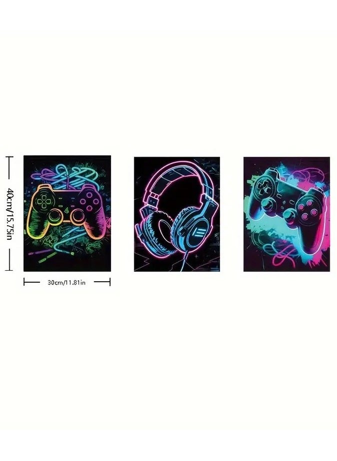 Generic - 3Pcs Cool Gaming Wall Art Retro Video Game watercolor Posters Pictures Colorful Neon Gamepad Canvas Painting Prints for Boys Room Kids Game Room Accessories Bedroom Home Decoration Framed (Colorful - Image 1