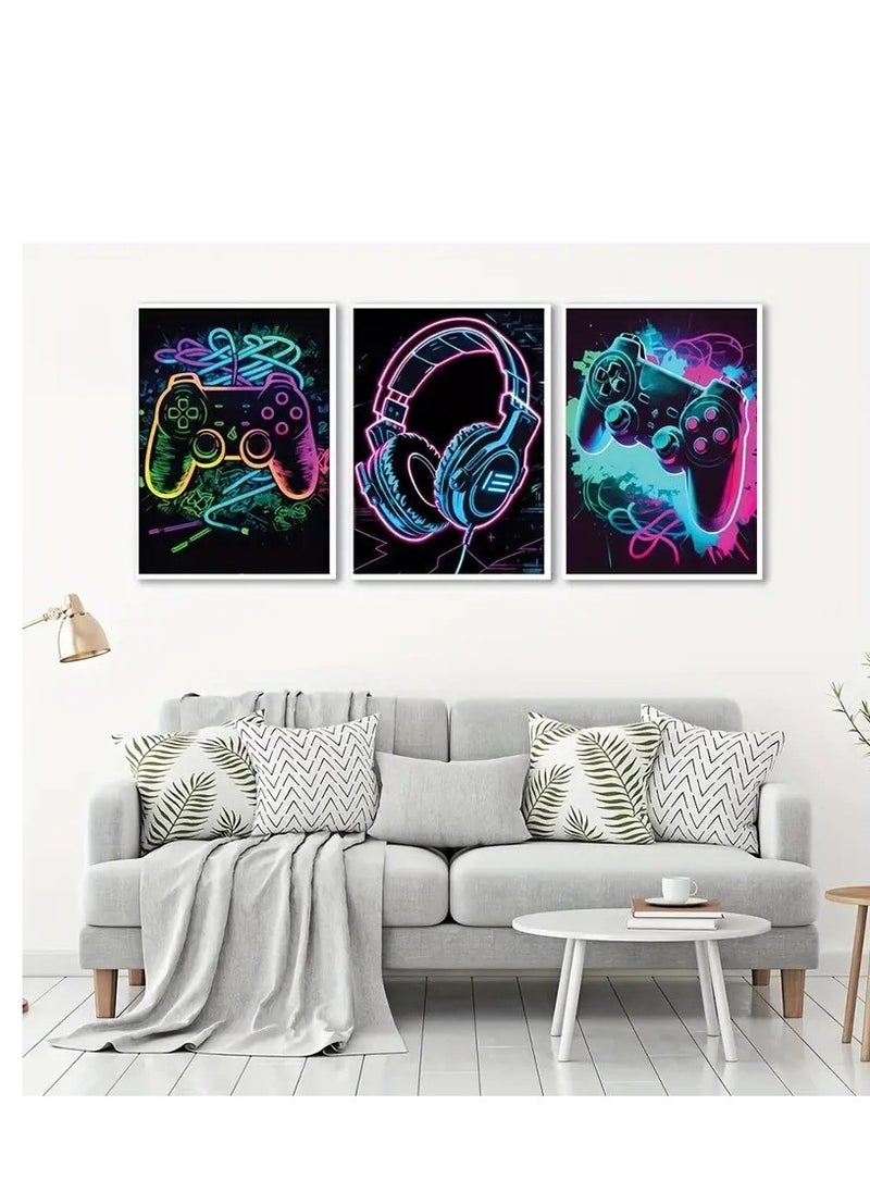 Generic - 3Pcs Cool Gaming Wall Art Retro Video Game watercolor Posters Pictures Colorful Neon Gamepad Canvas Painting Prints for Boys Room Kids Game Room Accessories Bedroom Home Decoration Framed (Colorful - Image 1
