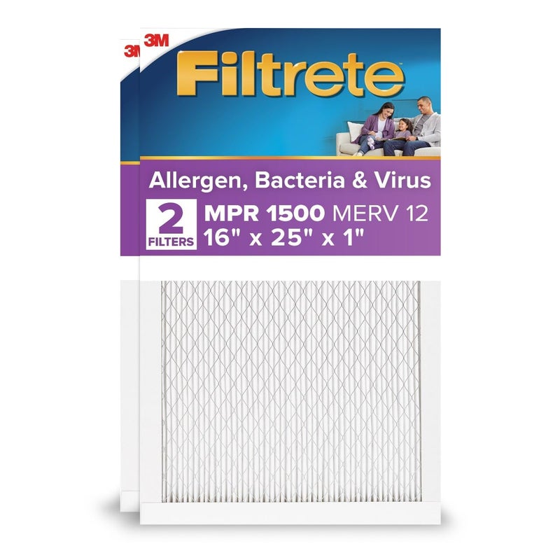 Filtrete 16x25x1 Air Filter MERV 12, MPR 1500 Certified Asthma & Allergy Friendly 2-Pack, AC Furnace HVAC Filters for Home, 3-Month Pleated Electrostatic (Actual Size 15.69 x 24.69 x 0.78 in) - Image 1