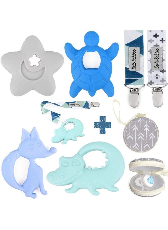 Dodo Babies Teething Toy & Pacifier Clip Set - Silicone Teether Four Pack Plus Two Universal Holder Paci Leashes And Binky Case - Blue Animal Shapes - Great Shower Gift For Baby Girl Or Boy - Image 1