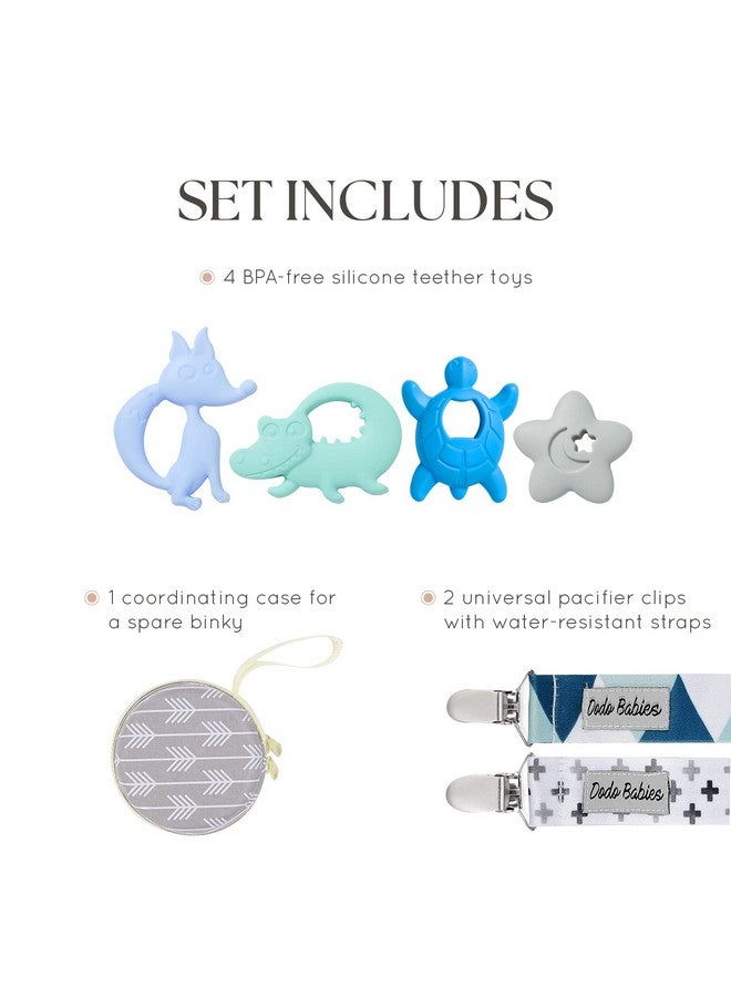 Dodo Babies Teething Toy & Pacifier Clip Set - Silicone Teether Four Pack Plus Two Universal Holder Paci Leashes And Binky Case - Blue Animal Shapes - Great Shower Gift For Baby Girl Or Boy - Image 3