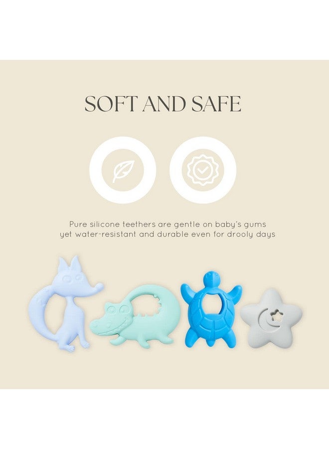 Dodo Babies Teething Toy & Pacifier Clip Set - Silicone Teether Four Pack Plus Two Universal Holder Paci Leashes And Binky Case - Blue Animal Shapes - Great Shower Gift For Baby Girl Or Boy - Image 5