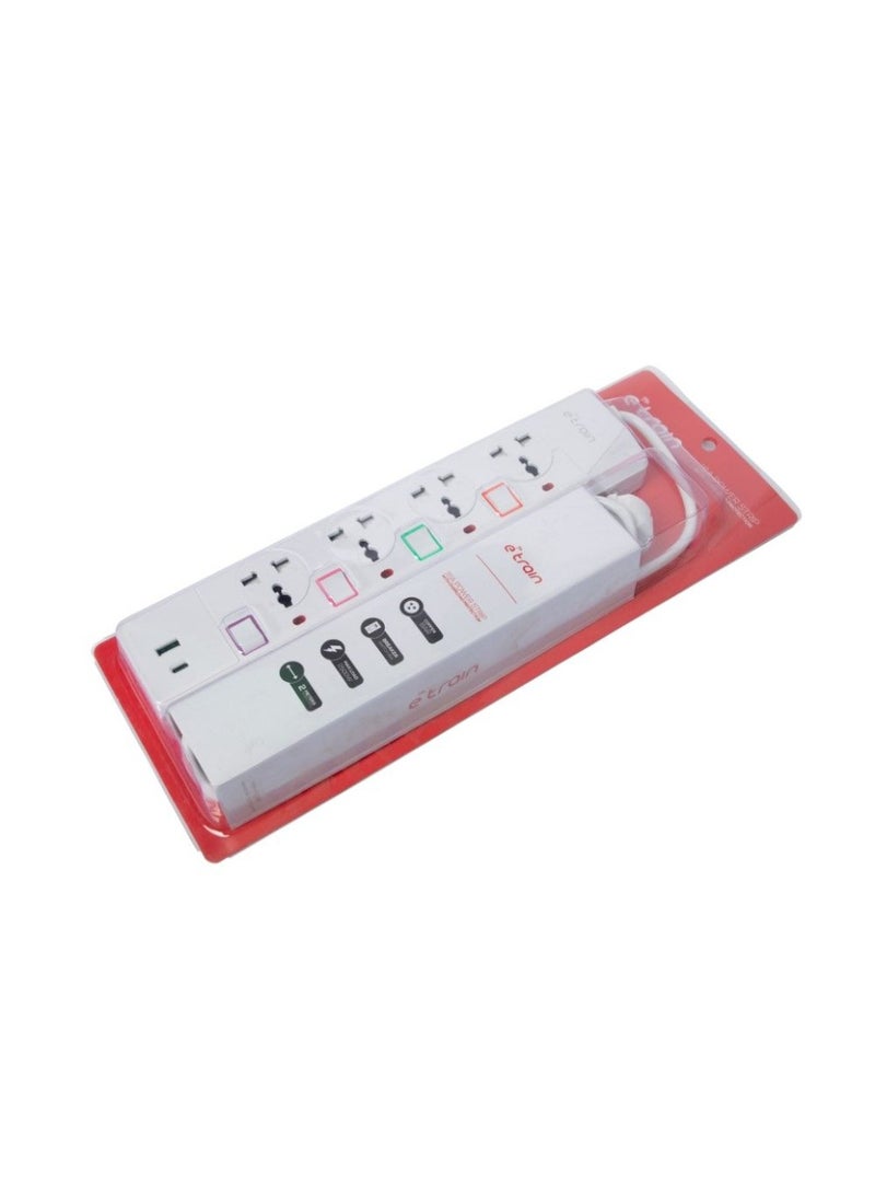 E-Train Power Strip 16A with Overload Protection 4 Output Plugs + 1 USB + 1 Type-C 2.4A Charging Ports 2m - On-Off Switch PS077 - White - Image 2