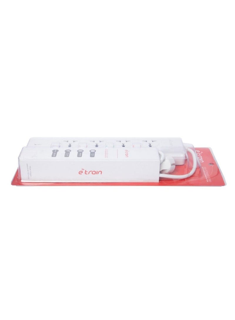 E-Train Power Strip 16A with Overload Protection 4 Output Plugs + 1 USB + 1 Type-C 2.4A Charging Ports 2m - On-Off Switch PS077 - White - Image 3