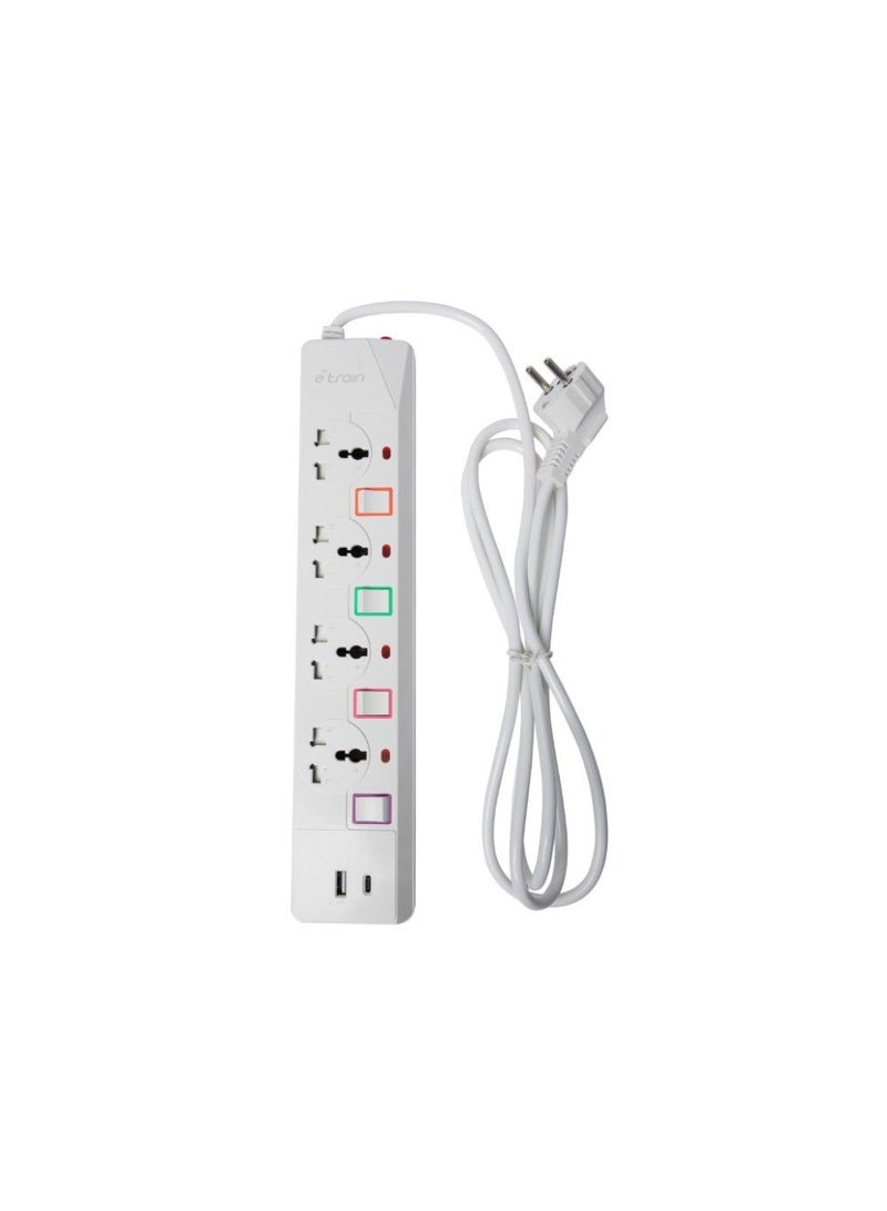E-Train Power Strip 16A with Overload Protection 4 Output Plugs + 1 USB + 1 Type-C 2.4A Charging Ports 2m - On-Off Switch PS077 - White - Image 5