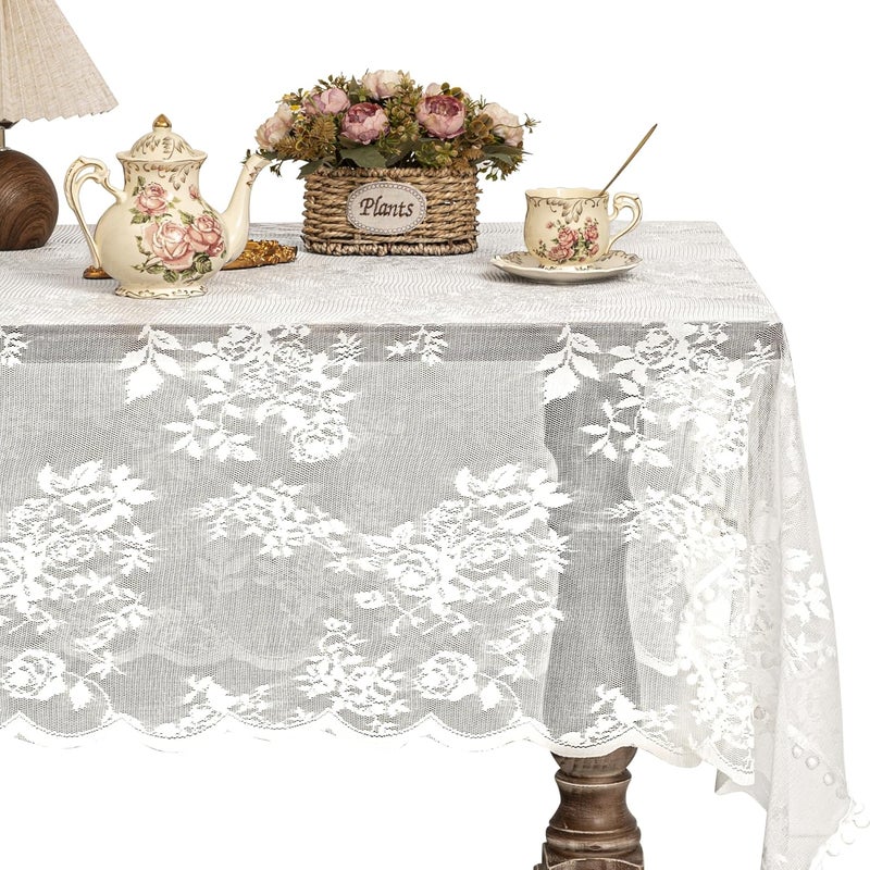 Jayla White Lace Tablecloth for Rectangular Tables Vintage Style Wedding Table Cloths for Reception Baby Shower Birthday Party Formal Dining Dinner Parties 54 X 82 Inches - Image 1