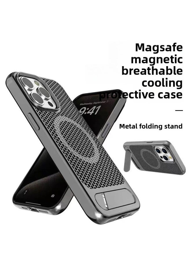 Suitable For Iphone16 Breathable Mesh Heat Dissipation Shell For Iphone 15promax Metal Bracket Magnetic Electroplating PC Hard Shell-Colors:Silver-Applicable Model:IP 11