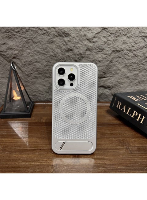 Suitable For Iphone16 Breathable Mesh Heat Dissipation Shell For Iphone 15promax Metal Bracket Magnetic Electroplating PC Hard Shell-Colors:Silver-Applicable Model:IP 11