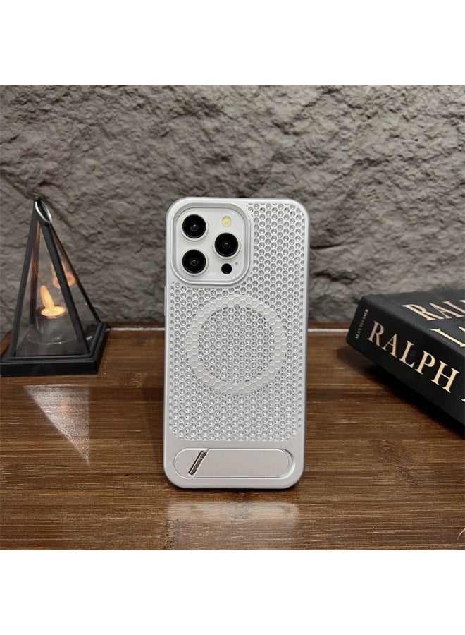 Suitable For Iphone16 Breathable Mesh Heat Dissipation Shell For Iphone 15promax Metal Bracket Magnetic Electroplating PC Hard Shell-Colors:Silver-Applicable Model:IP 11