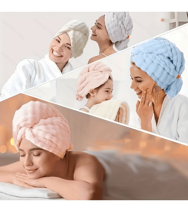 Beige Extended Thick Quick Dry Hair Towel Lightweight Bathroom Turban Cap - Image 1
