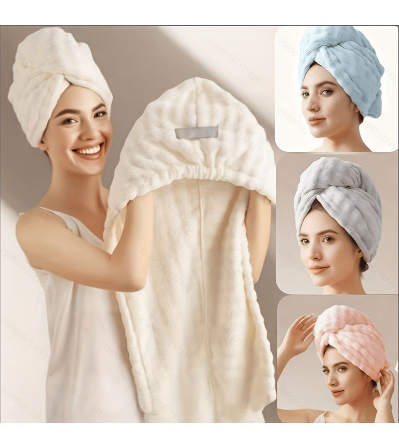Beige Extended Thick Quick Dry Hair Towel Lightweight Bathroom Turban Cap - Image 4