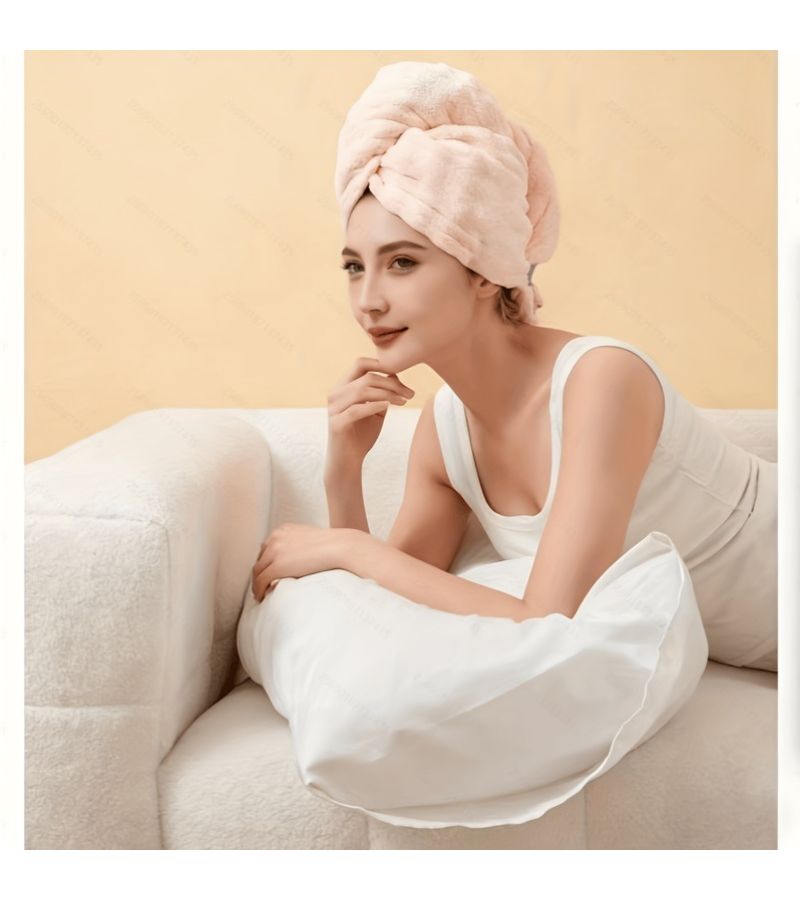 Beige Extended Thick Quick Dry Hair Towel Lightweight Bathroom Turban Cap - Image 2