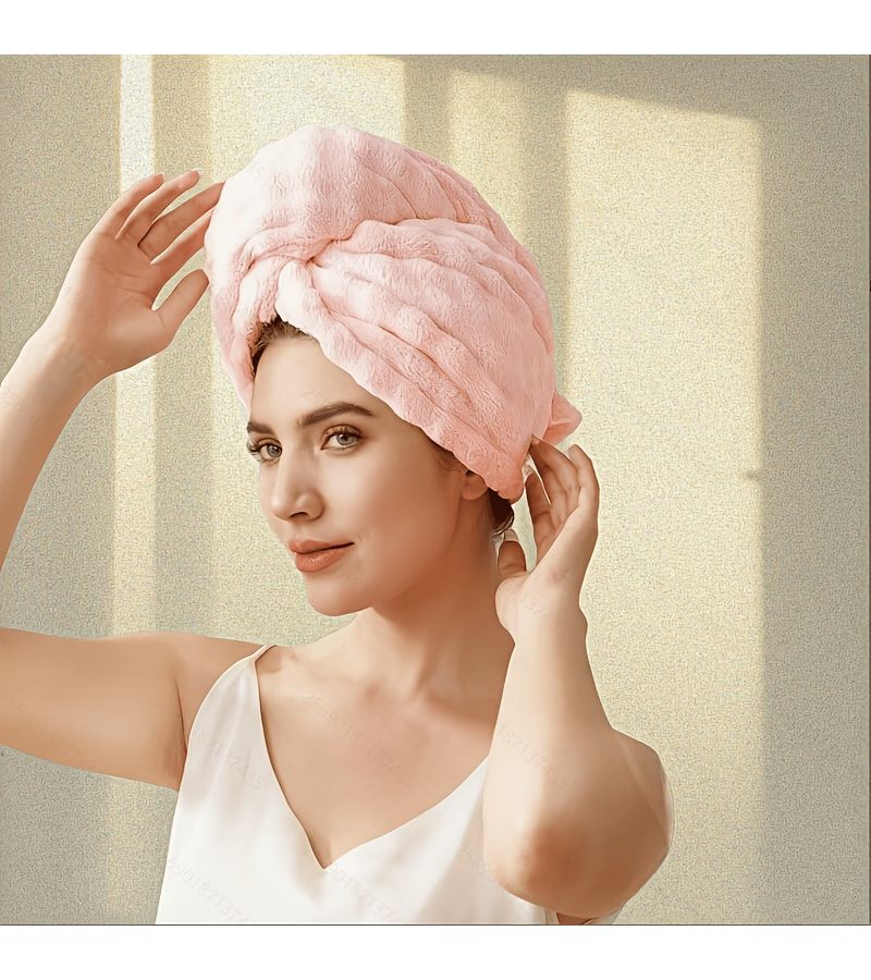 Beige Extended Thick Quick Dry Hair Towel Lightweight Bathroom Turban Cap - Image 5