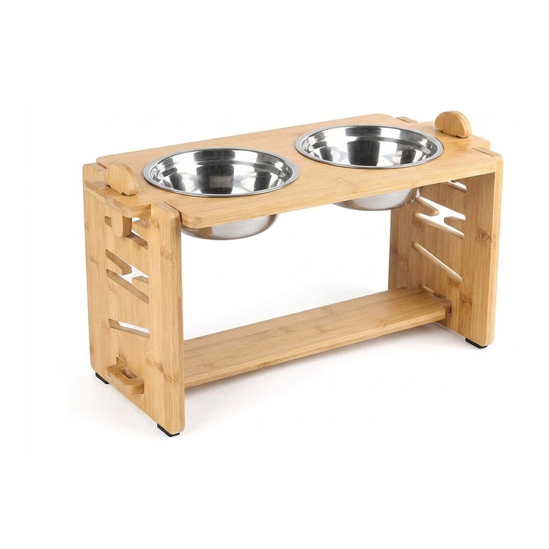 Raised Bamboo Pet Bowl Stand with Removable Double Bowls and Feeding Mat for cats and dogs in Brown - Image 1