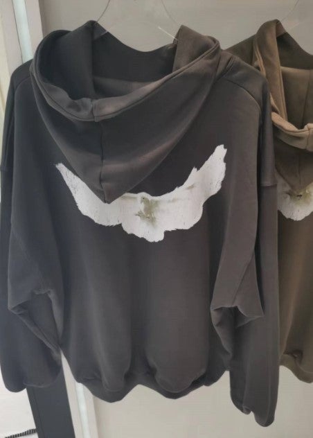 2025 European and American Joint Printed Hooded Sweat Brown Pigeon Sweat Carbon Blue Hooded Mens and Womens Couples Same Style 03 dark gray