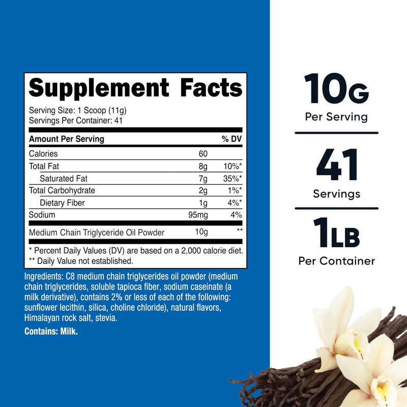 Nutricost C8 MCT Oil Powder 1LB (16oz) Vanilla Flavor - 95% C8 MCT Oil Powder, Best for Keto Diets, Non-GMO, Gluten Free - Image 2