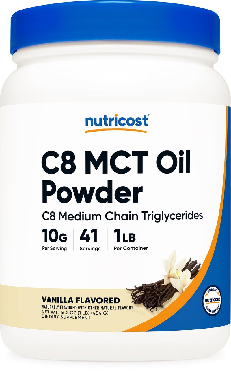 Nutricost C8 MCT Oil Powder 1LB (16oz) Vanilla Flavor - 95% C8 MCT Oil Powder, Best for Keto Diets, Non-GMO, Gluten Free - Image 1